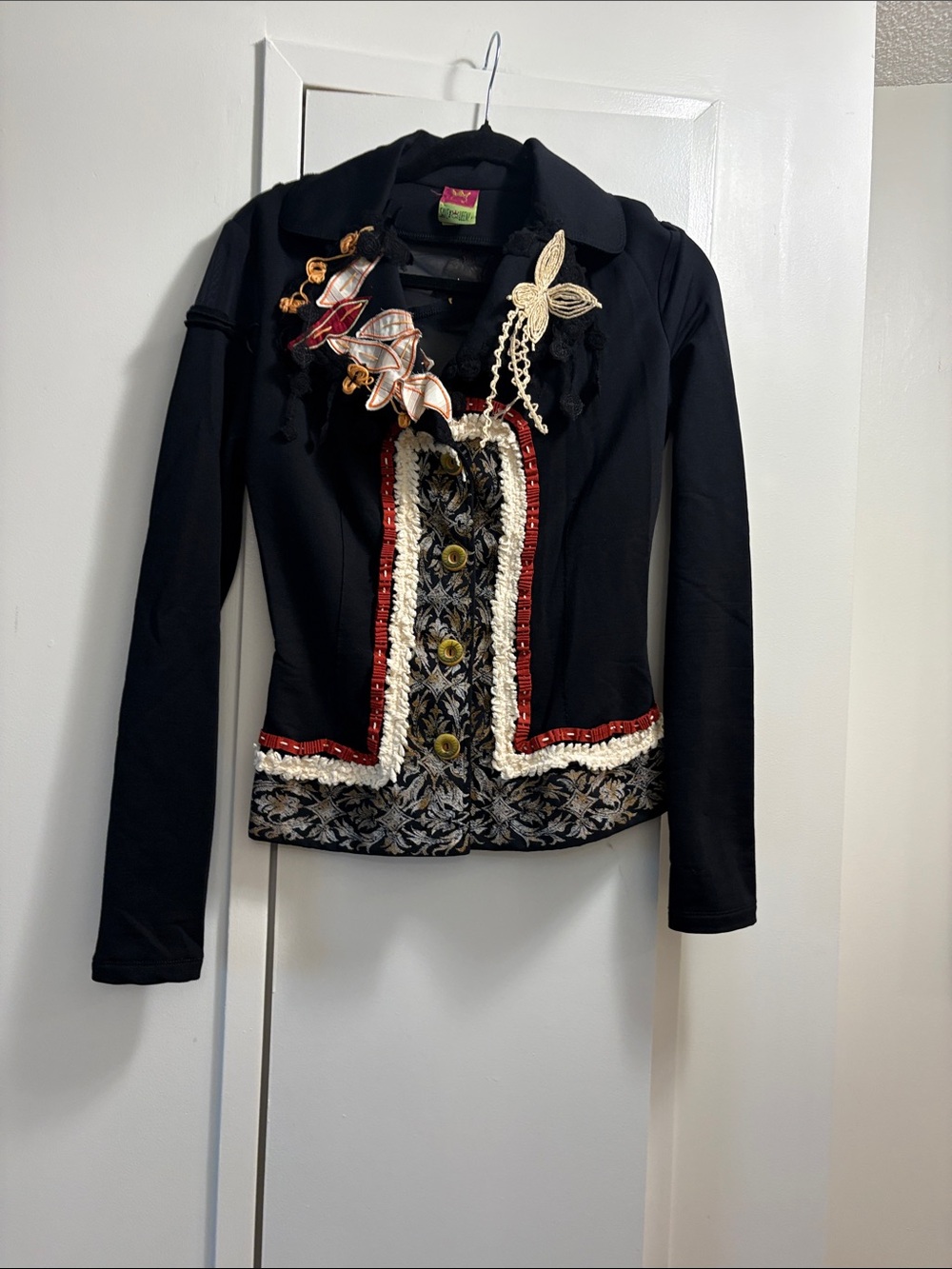 Save The Queen Black Embellished Women's Jacket with Floral Trim